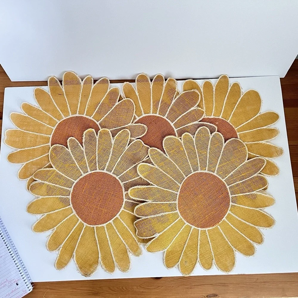 Vtg set 5 sunflower placemats straw raffia yellow orange summer party daisy